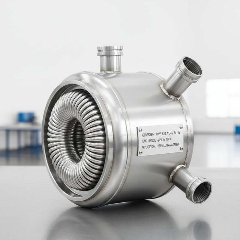 Spiralförmiger koaxialer Wärmetauscher mit schwarzer Rostschutzlackierung und einer Leistung von 0,5 bis 100 kW für effizientes Wärmemanagement